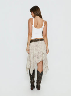 Highlighting the Dark Mirage Asymmetrical Midi Skirt Multi womens-skirts with abstract print back view of model wearing Princess Polly