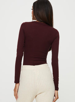 back view of model wearing Princess Polly Kandis Long Sleeve Bodysuit Burgundy Long Sleeve Tops Bodysuit 