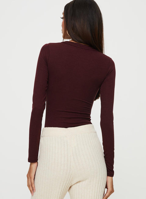 back view of model wearing Princess Polly Kandis Long Sleeve Bodysuit Burgundy Long Sleeve Tops Bodysuit 