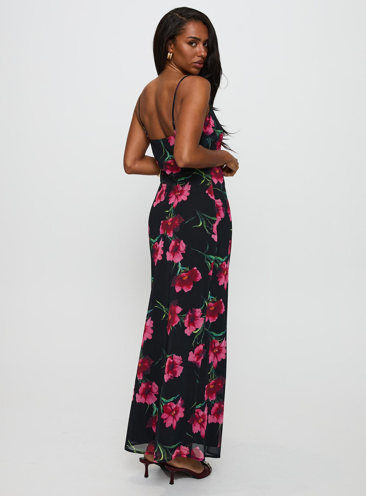 side view of model wearing Princess Polly Emorie Bias Cut Maxi Dress Multi Floral Scoop Neck 
