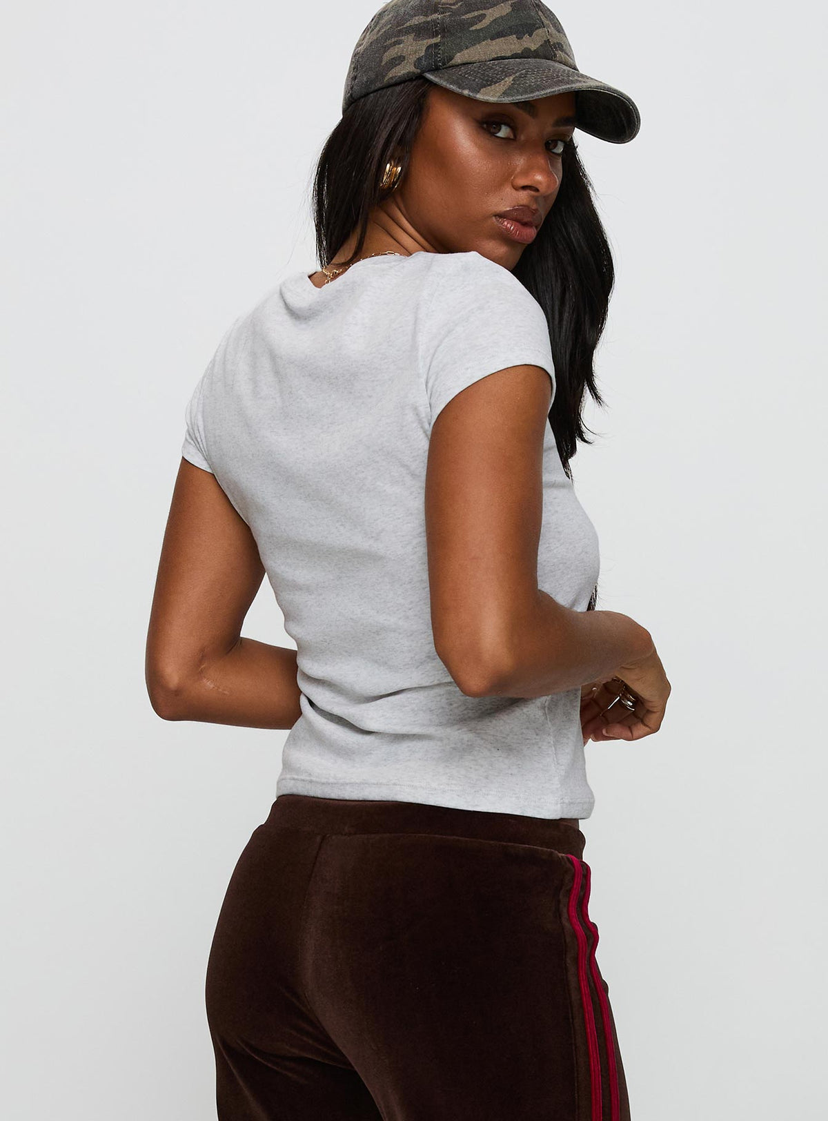 back view of model wearing Princess Polly Prestige Longline Baby Tee Grey Short Sleeves Crew Neck 