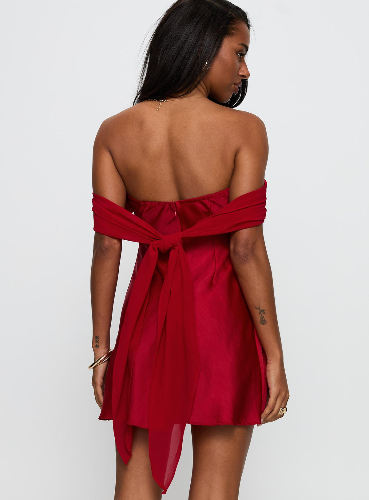 back view of model wearing Princess Polly Adoration Mini Dress Red Straight Neck 