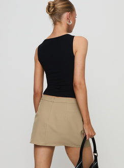 back view of model wearing Princess Polly Hosier Twill Mini Skirt Taupe Mini Skirts Skirts 