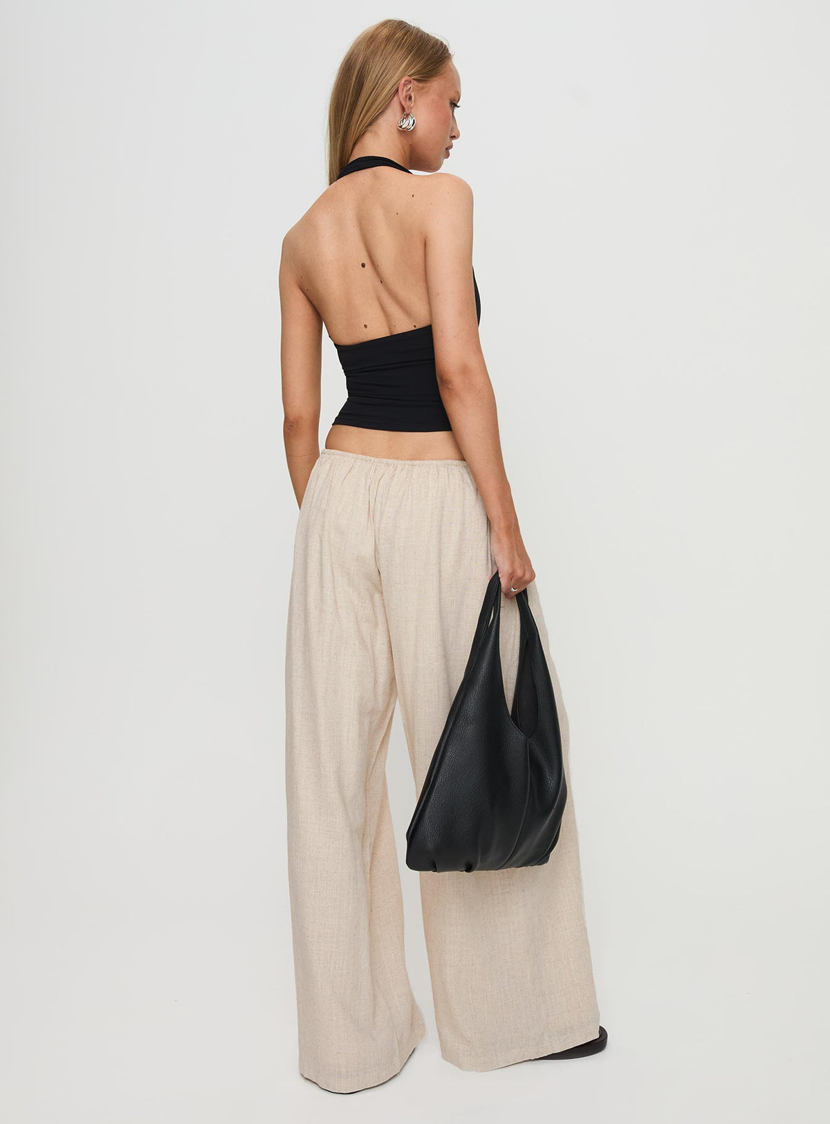 back view of model wearing Princess Polly Beach Comber Linen Pant Beige High Rise Pants Pants 