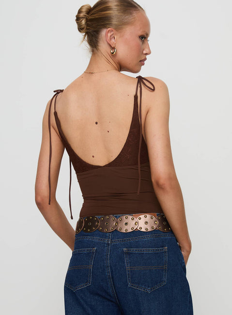 back view of model wearing Princess Polly Prichard Bodysuit Brown Sleeveless Bodysuit 