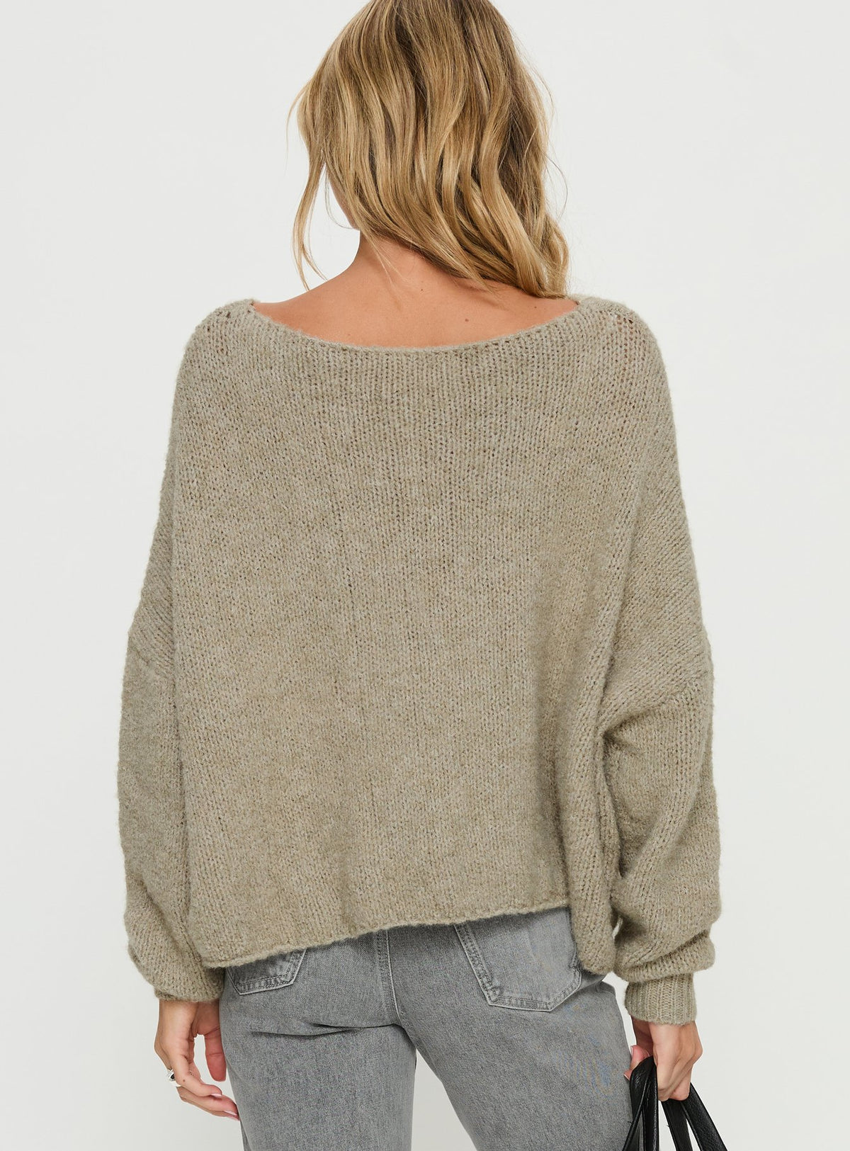 back view of model wearing Princess Polly Ramy Wide Neck Knit Sweater Olive Cropped Jumpers Jumpers 