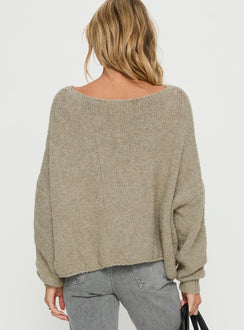 back view of model wearing Princess Polly Ramy Wide Neck Knit Sweater Olive Cropped Jumpers Jumpers 