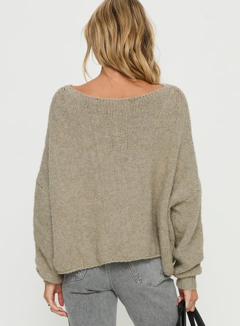 back view of model wearing Princess Polly Ramy Wide Neck Knit Sweater Olive Cropped Jumpers Jumpers 