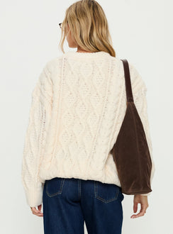 Presenting the Rorey Cable Knit Crew Neck Sweater White womens-jumpers with oversized fit in long length back view of model wearing Princess Polly