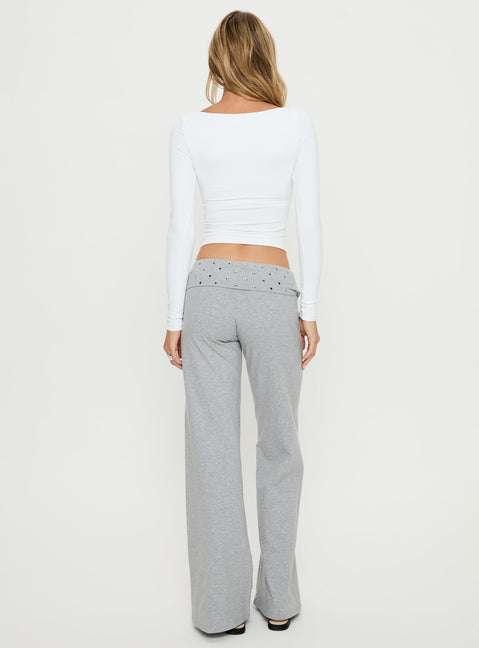 Styled in Nevivi Foldover Studded Pants Grey Marle womens-regular-pants with high-rise waist back view of model wearing Princess Polly