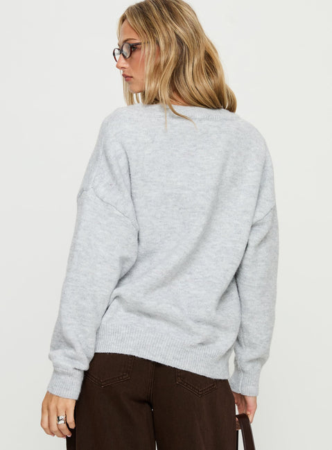 back view of model wearing Princess Polly Stay The Night V Neck Knit Sweater Grey Marle regular Jumpers 