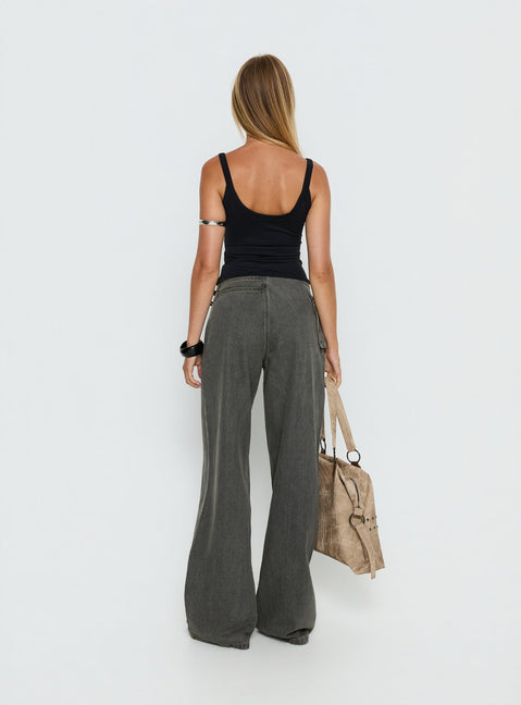 back view of model wearing Princess Polly Paltrow Mid Rise Wide Leg Cargo Jeans Washed Grey Mid Rise Jeans Jeans 