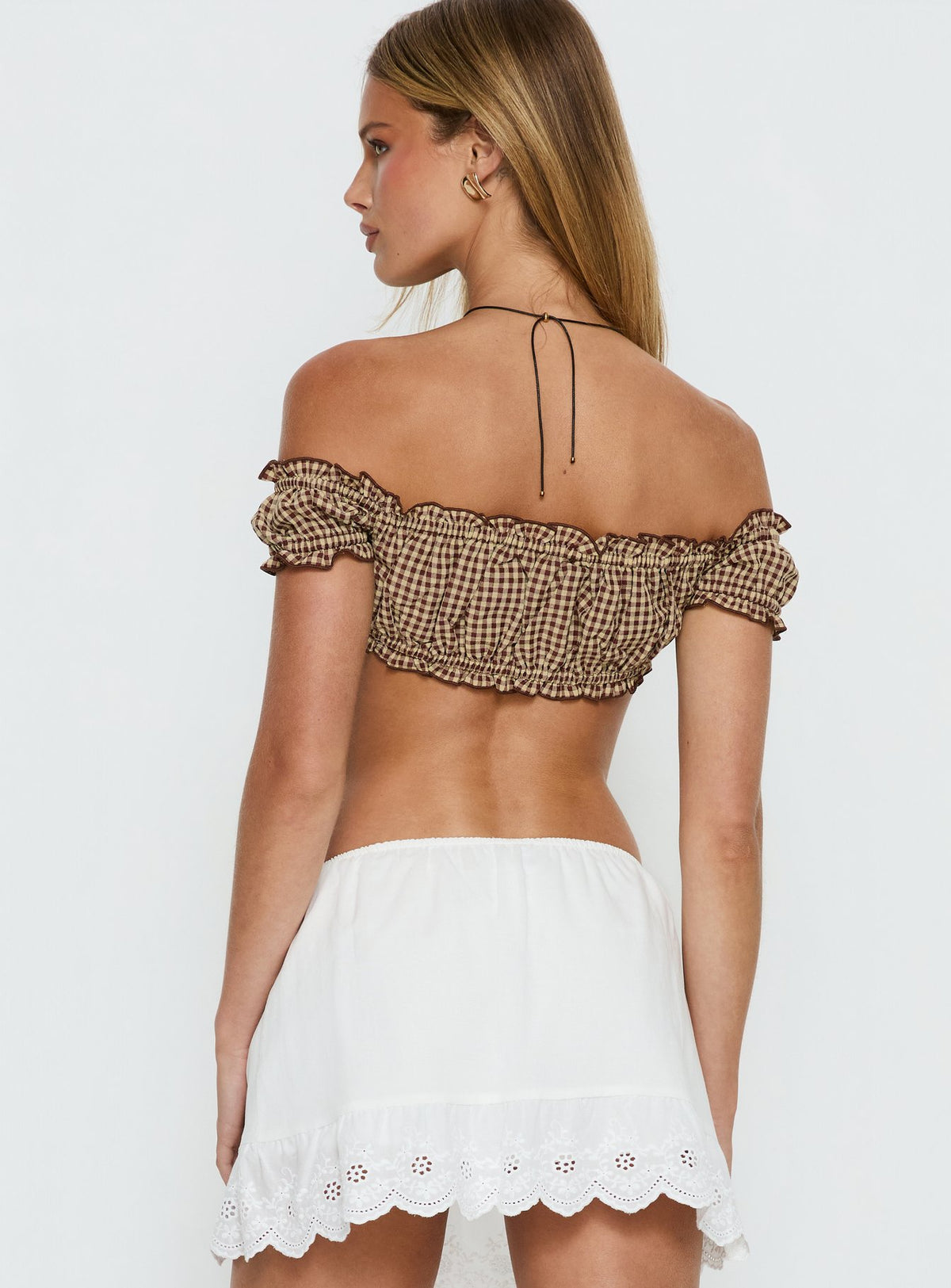 We Can't Stop Ruched Strapless Top Brown Gingham