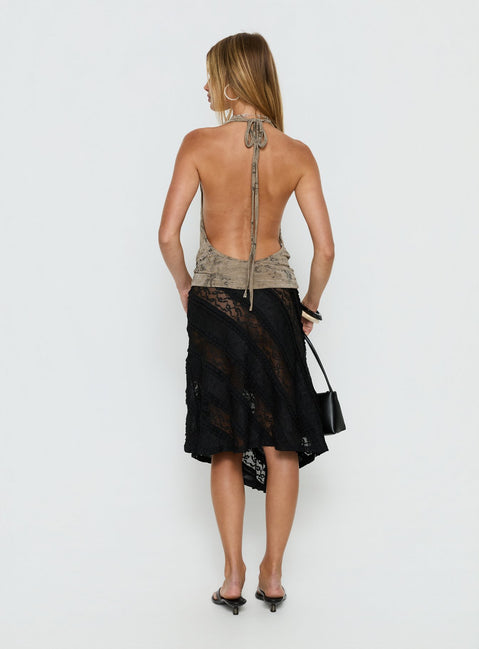 back view of model wearing Princess Polly Constancia Asymmetrical Sheer Midi Skirt Black Midi Skirts Skirts 