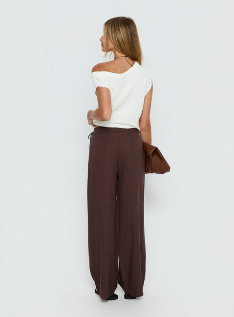 back view of model wearing Princess Polly Pine For You Bead Detail Linen Pant Brown High Rise Pants Pants 