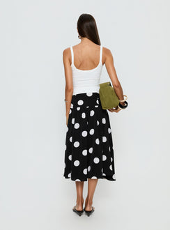 back view of model wearing Princess Polly Picture It Midi Skirt Black Polka Dot Midi Skirts Skirts 