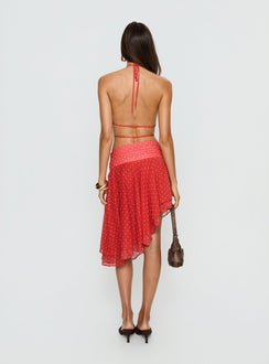 back view of model wearing Princess Polly Legacy Midi Skirt Tomato Polka Skirts 
