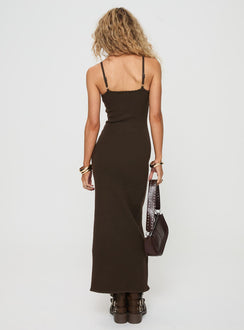 back view of model wearing Princess Polly Kattan Maxi Dress Chocolate Petite Scoop Neck 