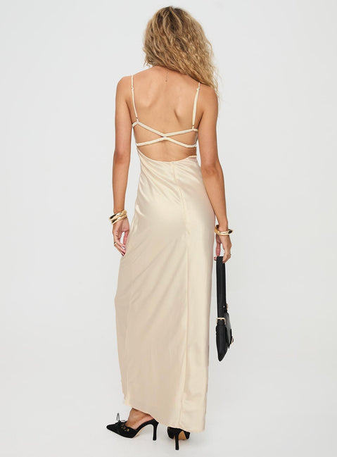 back view of model wearing Princess Polly Ravia Maxi Dress Champagne Square Neck 