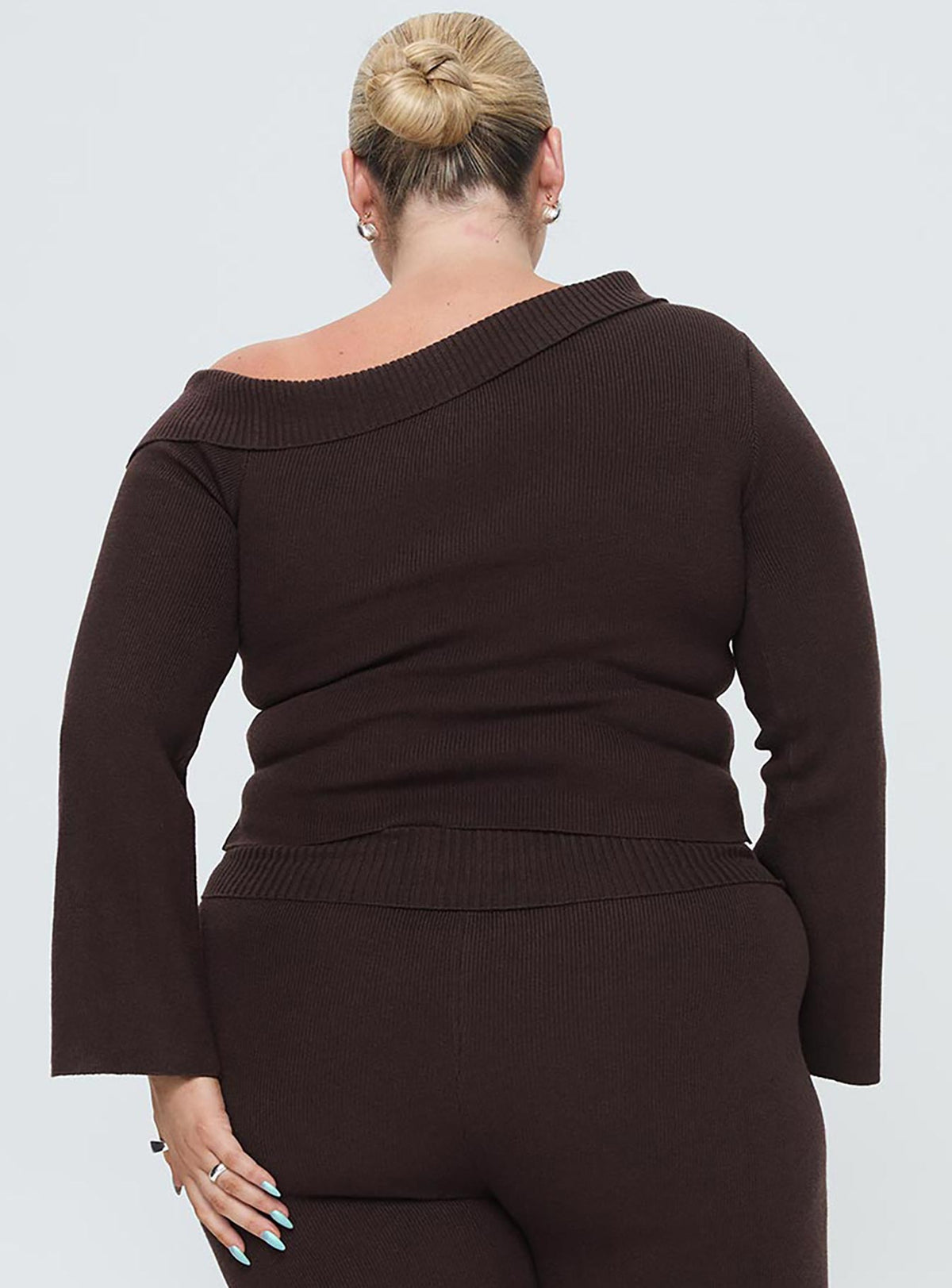 back view of model wearing Princess Polly Sina Off The Shoulder Top Chocolate Curve Cropped Jumpers Jumpers 