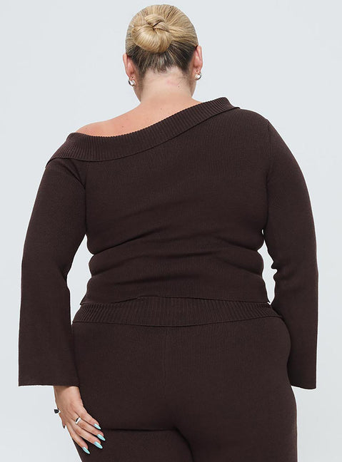 back view of model wearing Princess Polly Sina Off The Shoulder Top Chocolate Curve Cropped Jumpers Jumpers 