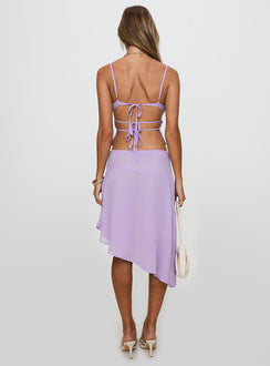 back view of model wearing Princess Polly Pappilion Asymmetrical Skirt Lilac Skirts 