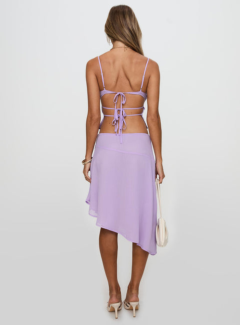 back view of model wearing Princess Polly Pappilion Asymmetrical Skirt Lilac Skirts 