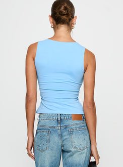 back view of model wearing Princess Polly Lose Your Number High Neck Top Blue Sleeveless Crew Neck 