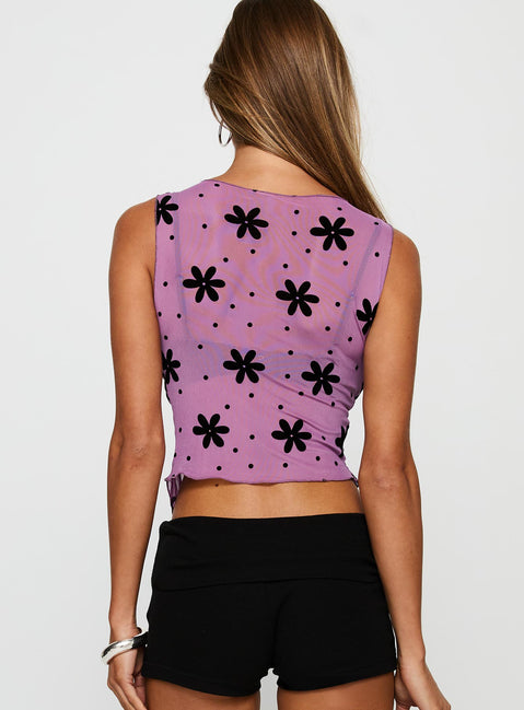 back view of model wearing Princess Polly Avelaine Mesh Top Mauve Sleeveless Crew Neck 