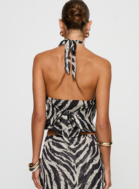 back view of model wearing Princess Polly Eleganza Top Zebra Sleeveless Cowl 