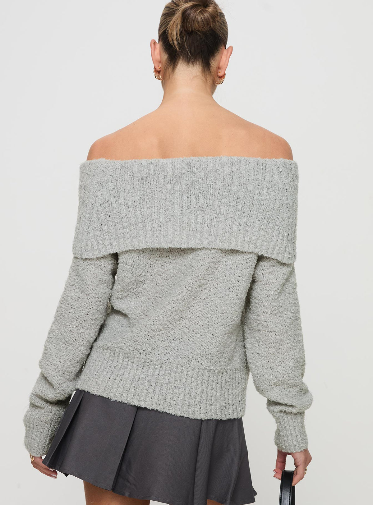 back view of model wearing Princess Polly Parkley Boucle Off The Shoulder Sweater Grey Marle Jumpers 