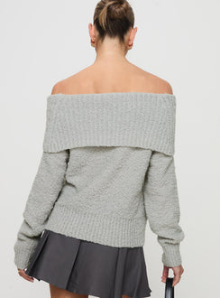back view of model wearing Princess Polly Parkley Boucle Off The Shoulder Sweater Grey Marle Jumpers 