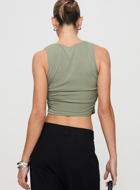 back view of model wearing Princess Polly Hold Em High Neck Top Green Sleeveless Crew Neck 