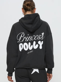 back view of model wearing Princess Polly Princess Polly Hooded Sweatshirt Bubble Script Grey Jumpers 