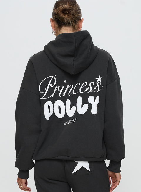 back view of model wearing Princess Polly Princess Polly Hooded Sweatshirt Bubble Script Grey Jumpers 