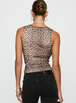 back view of model wearing Princess Polly Warm Honey Top Leopard Sleeveless Crew Neck 
