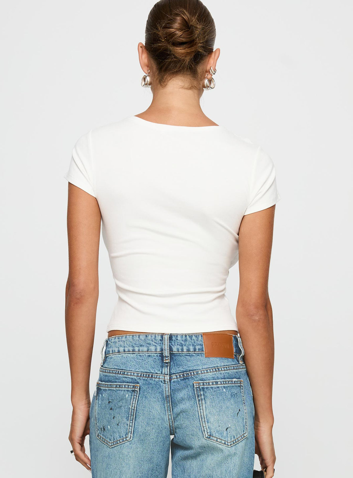 back view of model wearing Princess Polly We Could Go Lace Detail Top White Short Sleeves Crew Neck 