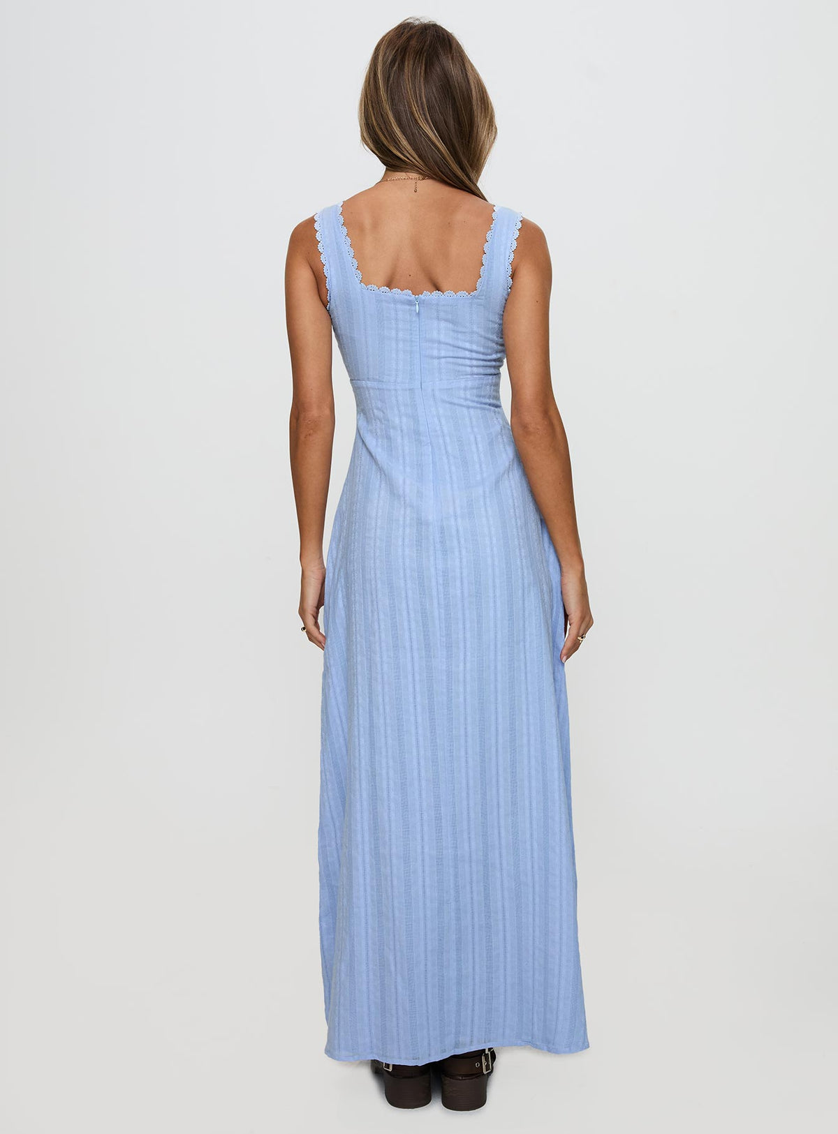 back view of model wearing Princess Polly Dasha Maxi Dress Blue Square Neck 