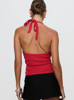 back view of model wearing Princess Polly Allende Halter Top Red Sleeveless Scoop Neck 