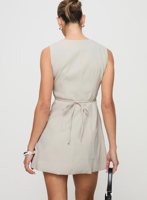back view of model wearing Princess Polly Katja Mini Dress Oyster V-Neck 