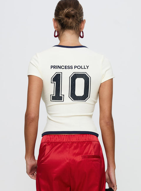 back view of model wearing Princess Polly Track Record Graphic Top Cream Short Sleeves Crew Neck 