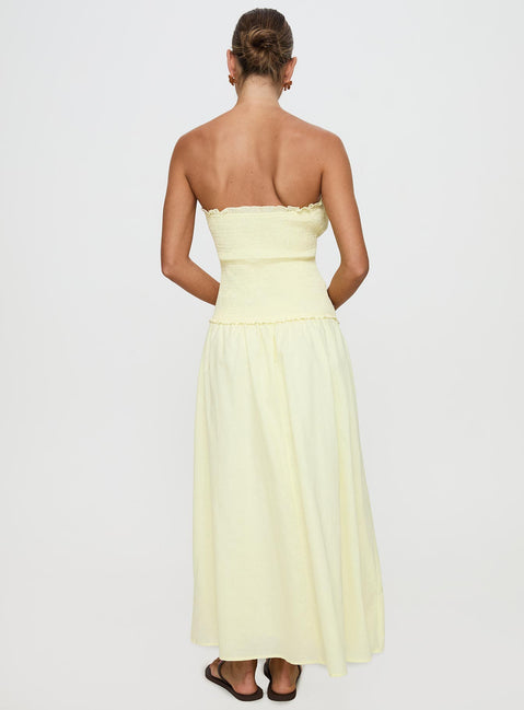 back view of model wearing Princess Polly Tinsie Strapless Maxi Dress Yellow Straight Neck 