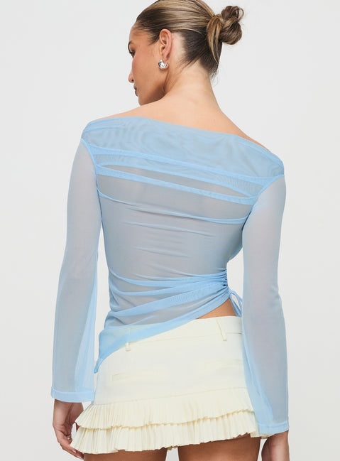 back view of model wearing Princess Polly Telescopic Off Shoulder Top Blue Full Sleeves straight 