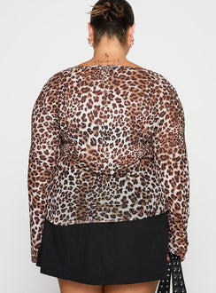 back view of model wearing Princess Polly Believe Me Long Sleeve Top Leopard Curve Full Sleeves Boat Neck 