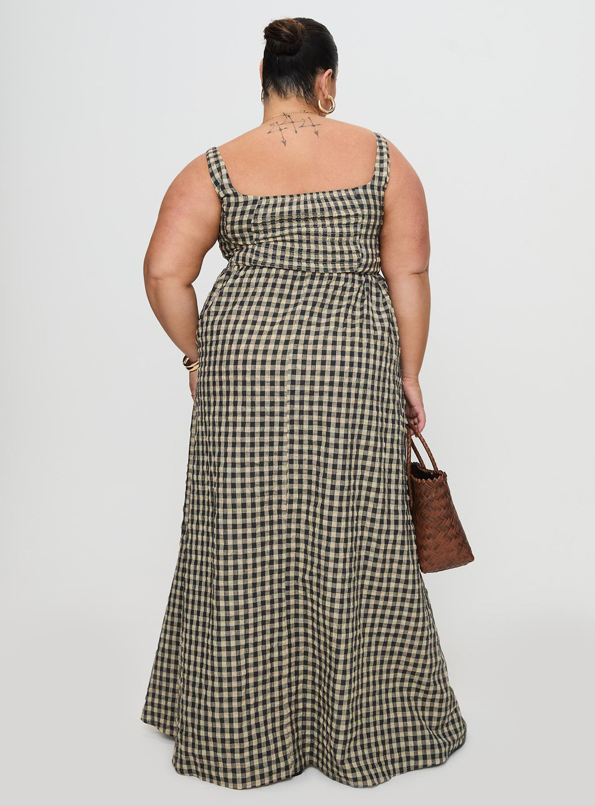 back view of model wearing Princess Polly Cartmel Check Maxi Dress Black / Cream Curve Square Neck 