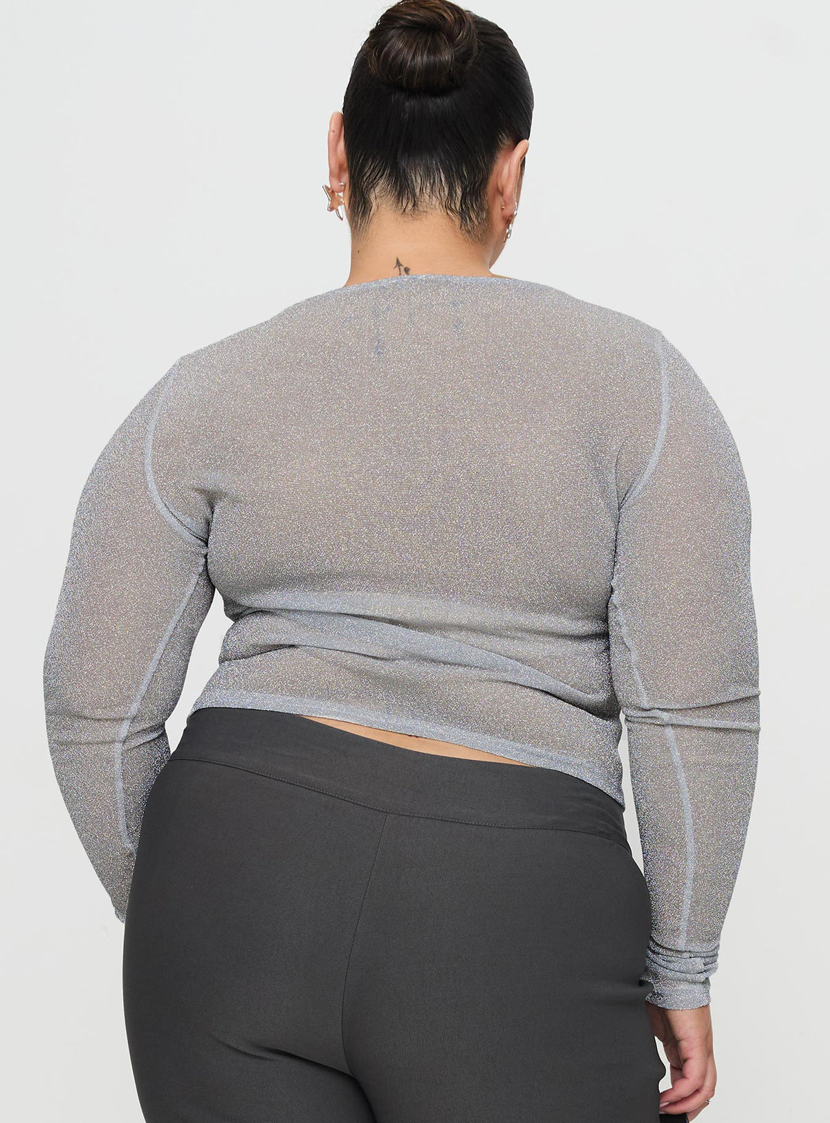 Crystal Clear Long Sleeve Mesh Top Silver Full Sleeves High Neck 