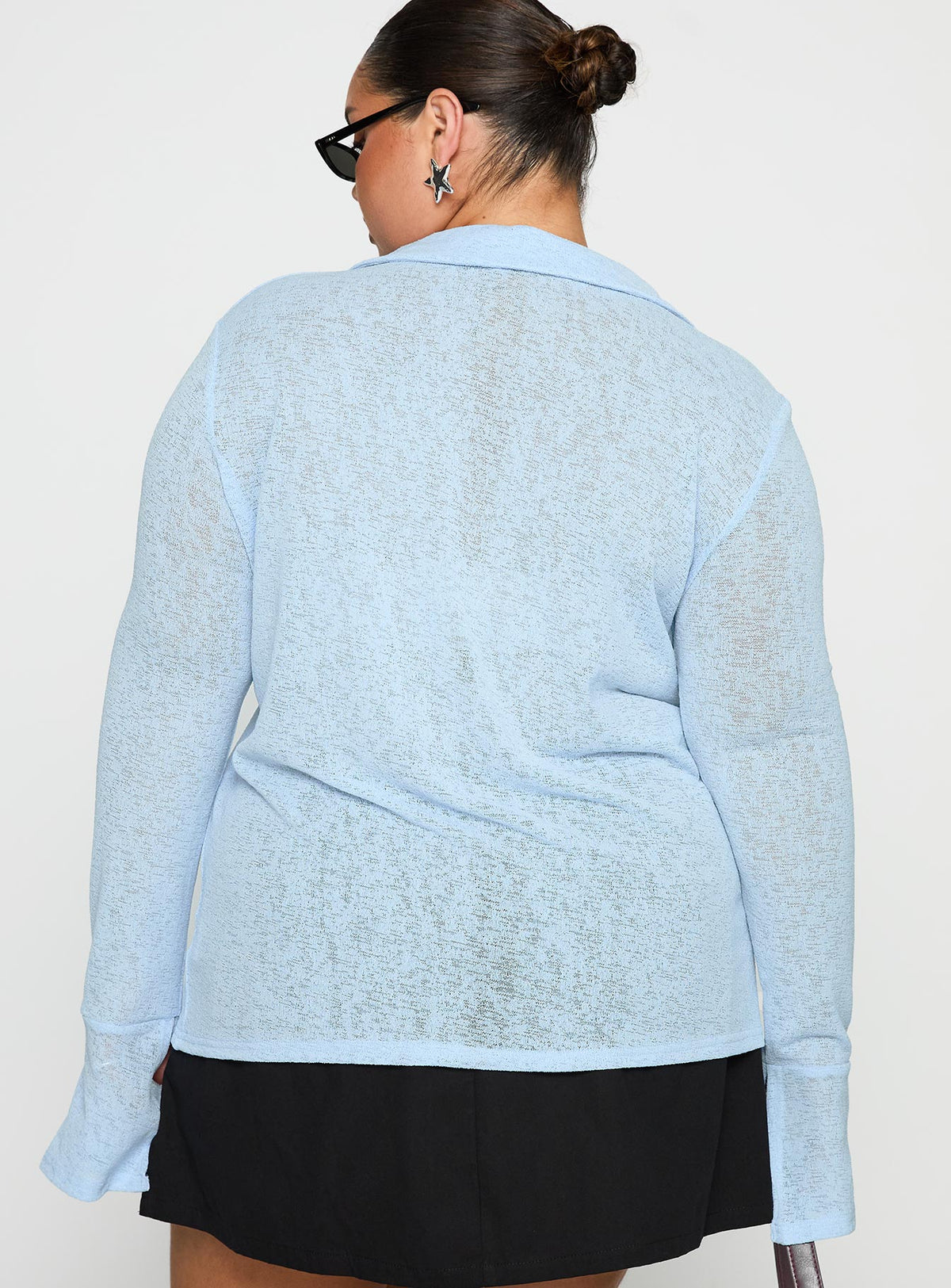 back view of model wearing Princess Polly Finnean Long Sleeve Top Pale Blue Curve Full Sleeves V-Neck 