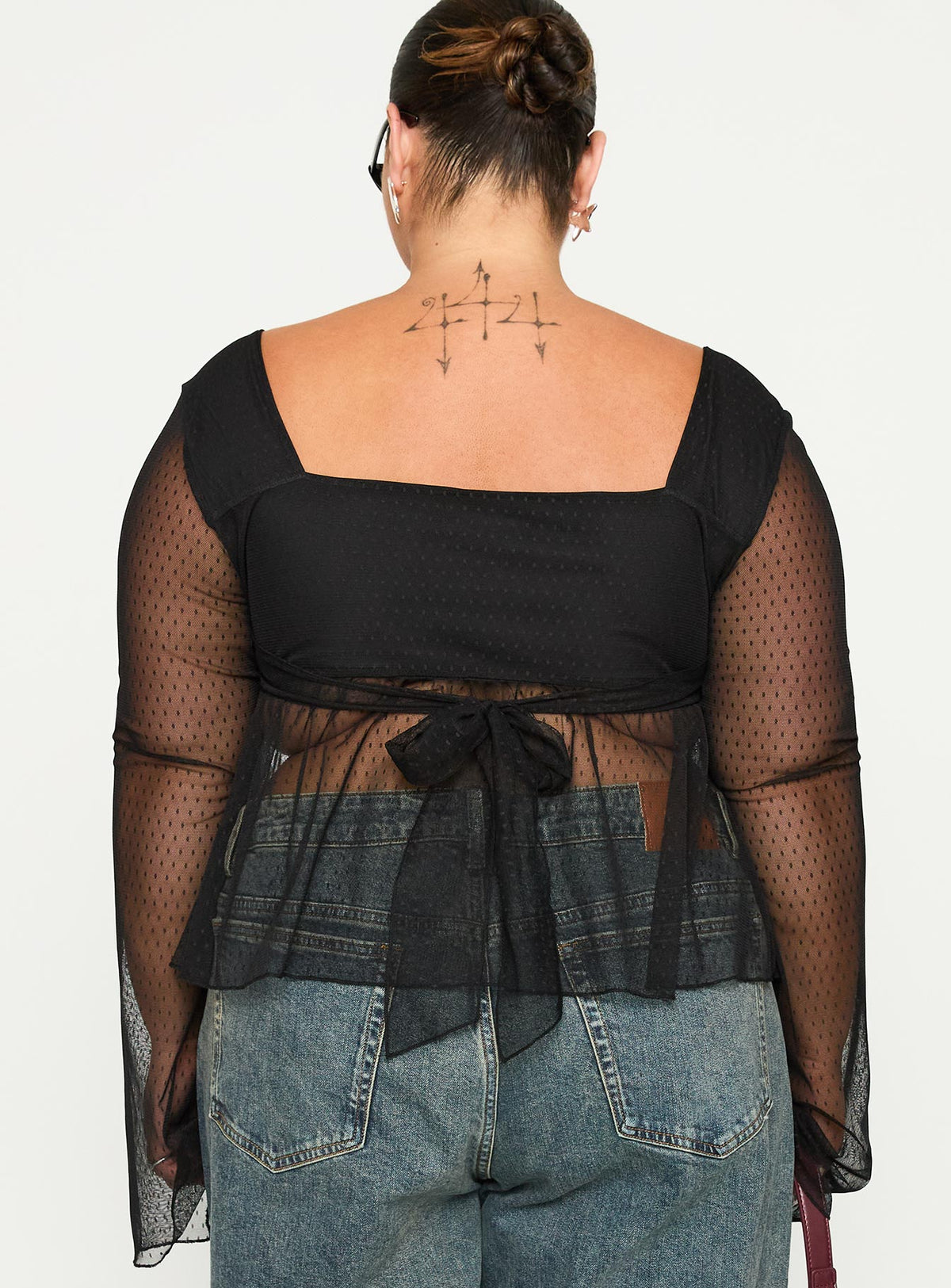 back view of model wearing Princess Polly Fiorello Long Sleeve Top Black Curve Full Sleeves Square Neck 