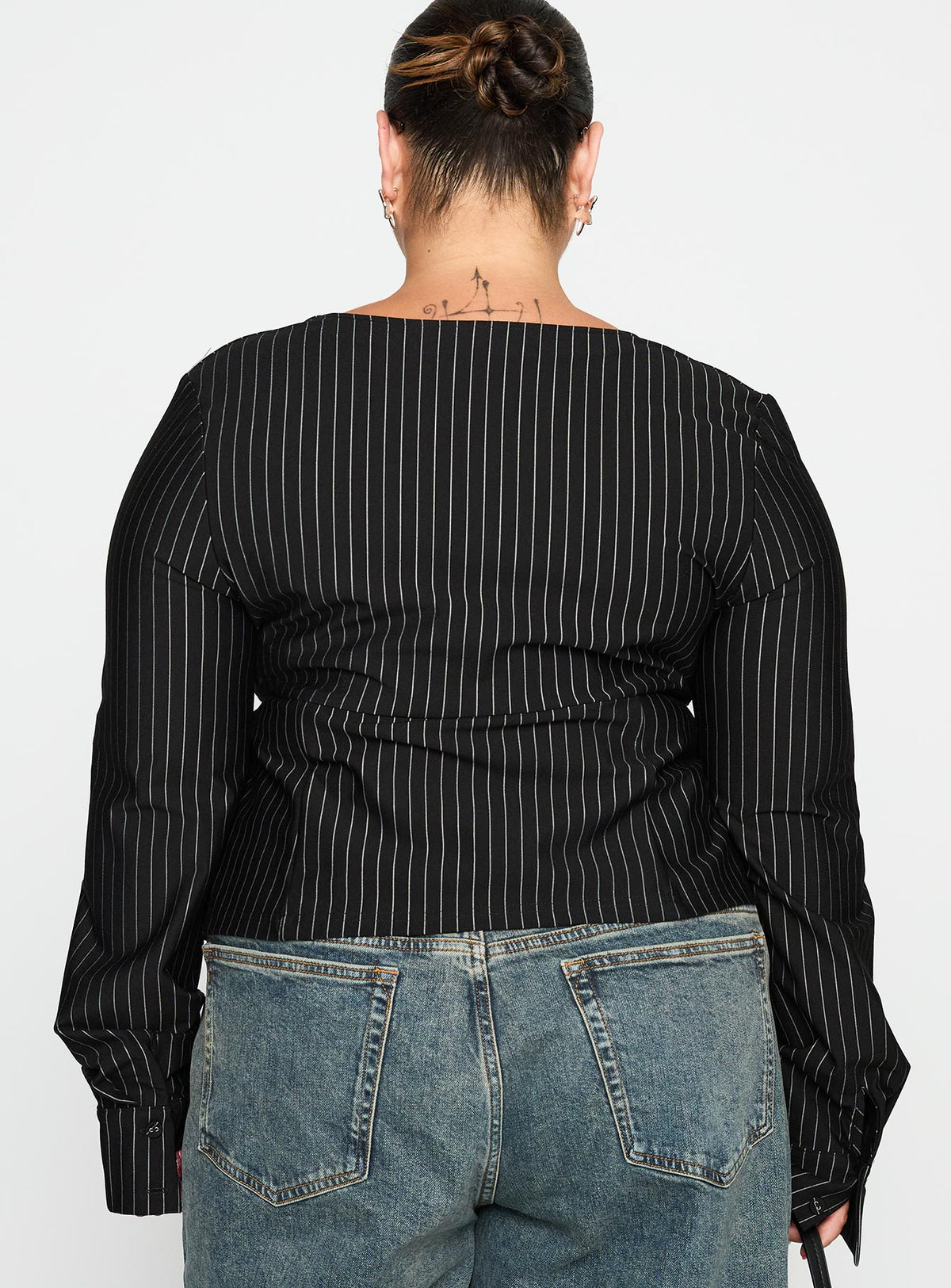 back view of model wearing Princess Polly Set For Life Foldover Detail Long Sleeve Top Black / White Pinstripe Curve Full Sleeves Sweetheart 