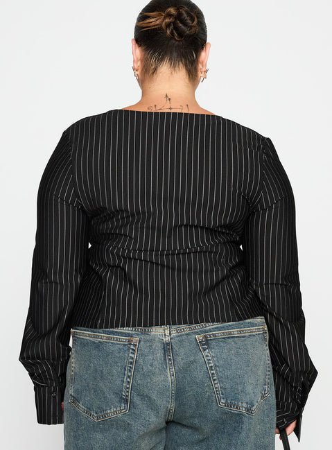 back view of model wearing Princess Polly Set For Life Foldover Detail Long Sleeve Top Black / White Pinstripe Curve Full Sleeves Sweetheart 